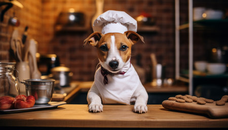 Cute and talented dog chef cooking delicious and nutritious meals in the kitchen for animalsの素材