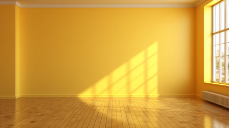 Minimalistic yellow background with incident light from window for product presentationの素材