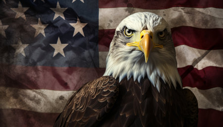 Majestic american bald eagle proudly perched on a weathered and tattered grunge style american flagの素材