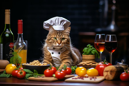 Adorable cat chef preparing delicious and nutritious meals for animals in a cozy kitchenの素材