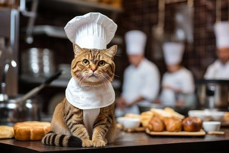 Professional cat chef preparing nutritious meals for animals in a cozy kitchen settingの素材