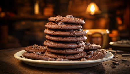 Scrumptious chocolate chip cookies with generous chocolate chips, beautifully arranged on a plateの素材