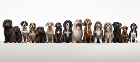 High quality studio shot of diverse group of dogs isolated on white background with copy spaceの素材