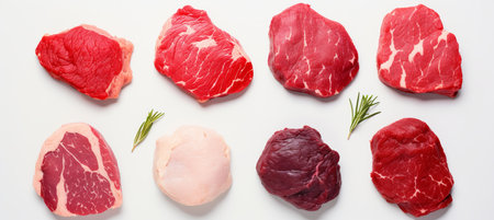 Assortment of succulent raw steaks, top view, isolated on a pristine white backgroundの素材