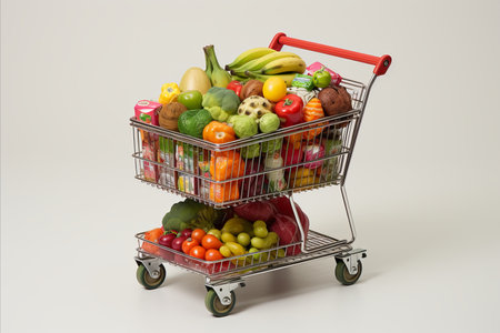 colorful variety of fresh fruits and vegetables in fully stocked supermarket shopping cartの素材