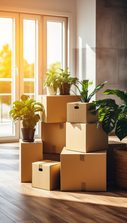 moving into a new home  donation concept with stacked cardboard boxes and cat sitting insideの素材