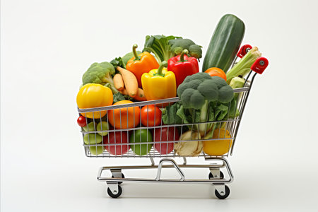 colorful variety of fresh fruits and vegetables in fully stocked supermarket shopping cartの素材