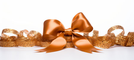 Curly gold ribbon for christmas and birthday present banner   isolated on white backgroundの素材