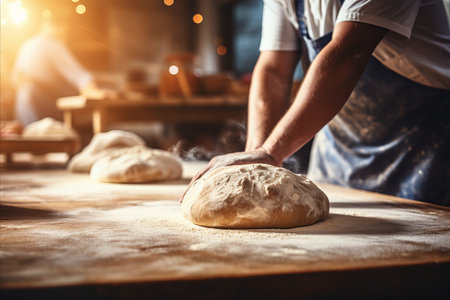 Skilled baker kneading dough for baking bread in bakery with copy space on blurred backgroundの素材