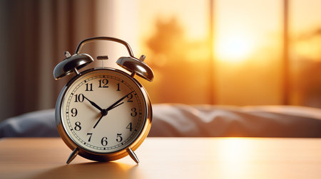 Morning ambiance  alarm clock and coffee on table with blurred background and copy spaceの素材