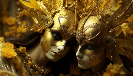 Vibrant and exquisite venetian carnival masquerade ball with ornate masks and colorful costumesの素材