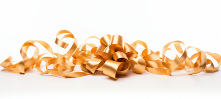 Curly gold ribbon for christmas and birthday present banner   isolated on white backgroundの素材