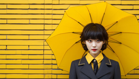 Fashionable woman with yellow umbrella strolling in rain, copy space in urban settingの素材
