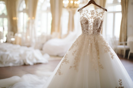 Exquisite and elegant collection of luxury bridal dresses displayed on hangers in a boutique salonの素材