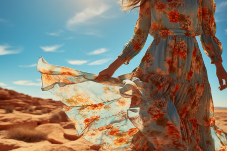 Fashion model in desert sand wearing long dress, graceful wind blown pose, sunny day ambianceの素材