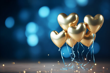 Golden and blue metallic balloons background with confetti and ribbons for celebrationsの素材