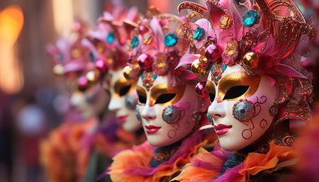 Captivating and colorful masquerade ball at venice carnival with ornate masks and exquisite costumesの素材