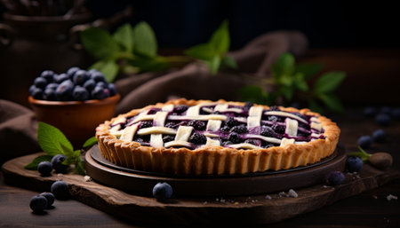 Delicious homemade blueberry pie with freshly picked blueberries on rustic wooden backgroundの素材