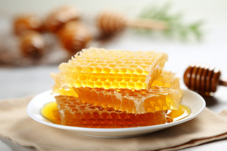 Golden honey and intricately textured honeycomb isolated on white for culinary and health projectsの素材