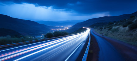 serene nighttime highway stretching through countryside in captivating long exposure shotの素材