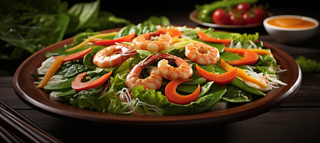 Spicy seafood salad with vegetables on black plate   selective focus isolated pastel backgroundの素材