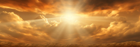 Radiant vintage sunbeams illuminating scenic clouds on a captivating abstract backgroundの素材