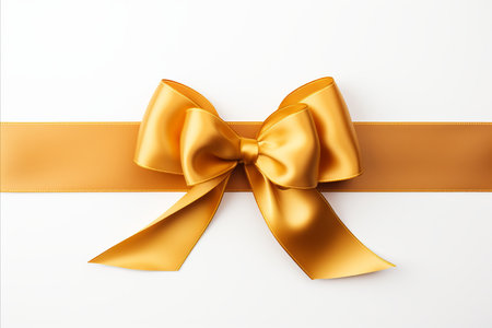Golden ribbon bow for birthday or christmas banner on white background with copy spaceの素材