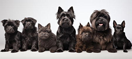 Diverse group of dogs, including various breeds, both big and small, isolated on a white backgroundの素材