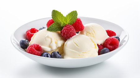 Tempting ice cream dessert with fresh berries on white background, ideal for copy space and designの素材
