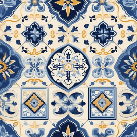 Seamless pattern of photo realistic, vibrant and colorful moroccan tiles with intricate ornamentsの素材