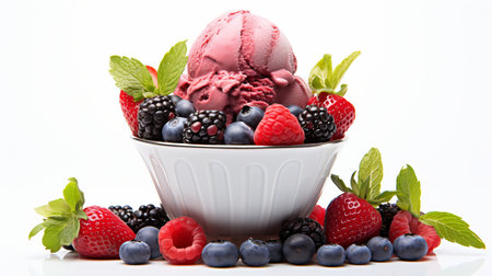 Delicious ice cream with fresh berries   isolated on white background, perfect for copy space areaの素材