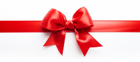 Red ribbon bow for birthday or christmas banner, isolated on white background with copy spaceの素材