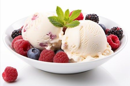 Delicious ice cream with fresh berries on white background, perfect for a sweet summer treatの素材