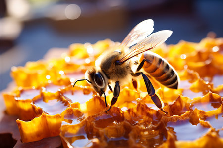 Vibrant close up of a beautiful bee collecting nectar on a honeycomb in warm natural lightの素材