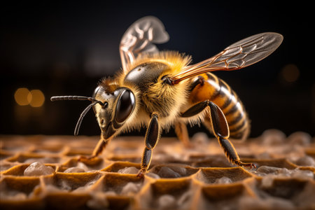 Gorgeous close up of a mesmerizing honeybee on a honeycomb, bathed in warm and radiant lightの素材