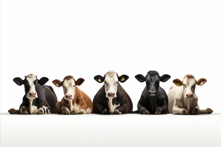Dairy cattle standing together on a white background with ample space for text placementの素材