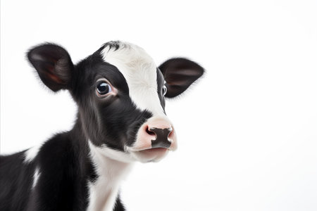 Beautiful dairy cattle grazing on a white background with ample space for text placementの素材