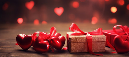 Romantic valentine s day decorations on rustic wooden background with red gift boxes and sparklesの素材