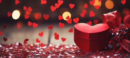 Romantic valentine s day decorations on rustic wooden background with red gift boxes and sparklesの素材