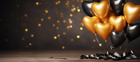 Golden and black metallic balloons with confetti and ribbons, perfect for festive eventsの素材