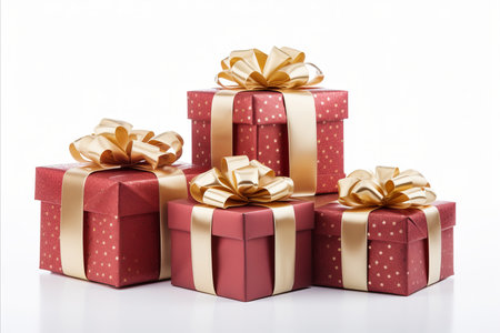 Assorted red and white gift wrapped presents with elegant ribbon bows on isolated white backgroundの素材