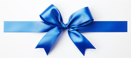 Blue ribbon bow on straight ribbon for banner, isolated on white background with copy spaceの素材