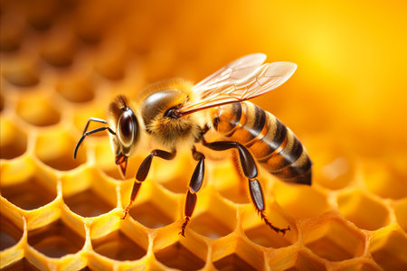 Close up of a stunning bee gracefully pollinating a honeycomb in warm and radiant sunlightの素材