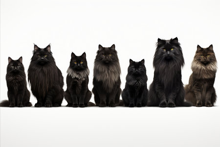 Diverse group of cat breeds, including both big and small cats, isolated on a white backgroundの素材