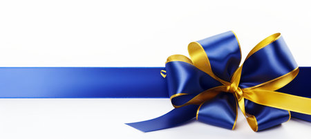 Blue ribbon bow on left of long ribbon for banner, isolated on white background with copy spaceの素材