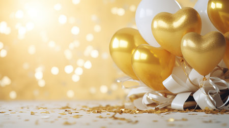 Golden and white metallic balloons, confetti, and ribbons on blurred background for festive eventsの素材