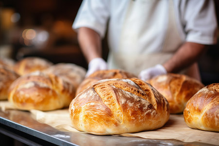Talented baker kneading dough in bakery   blurred background with copy space, bright photoの素材