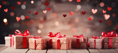 Romantic valentine s day decorations on rustic wooden background with red gift boxes and sparkles.の素材