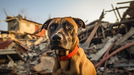 Rescue dog in signal vest on destroyed building, close up with text space for storytellingの素材
