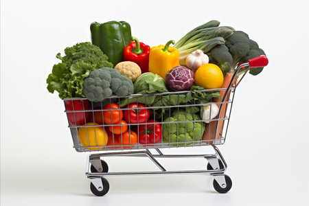 colorful variety of fresh fruits and vegetables in a fully stocked supermarket shopping cartの素材